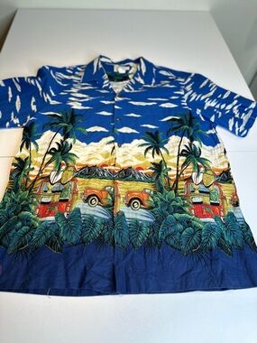Men's Blue Hawaiian Camp Shirt with Tropical Truck Print
